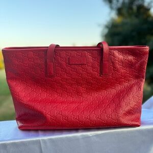 Red Gucci Guccissima Embossed Calfskin Tote Bag